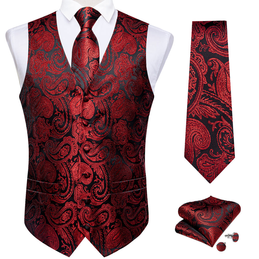 Black Red Paisley Jacquard Silk Vest Set vest set    - Sophisticated Gentlemen