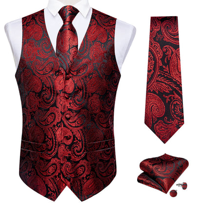 Black Red Paisley Jacquard Silk Vest Set vest set    - Sophisticated Gentlemen