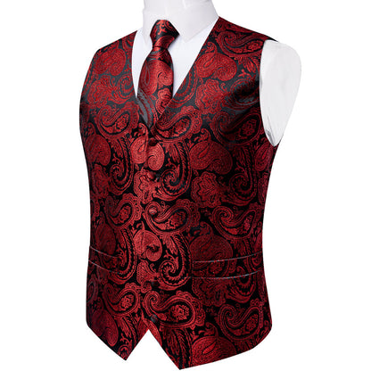 Black Red Paisley Jacquard Silk Vest Set vest set    - Sophisticated Gentlemen