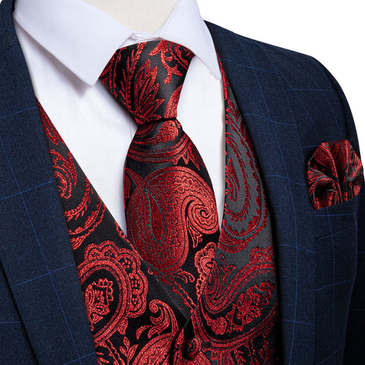 Black Red Paisley Jacquard Silk Vest Set vest set S (Chest 40")   - Sophisticated Gentlemen