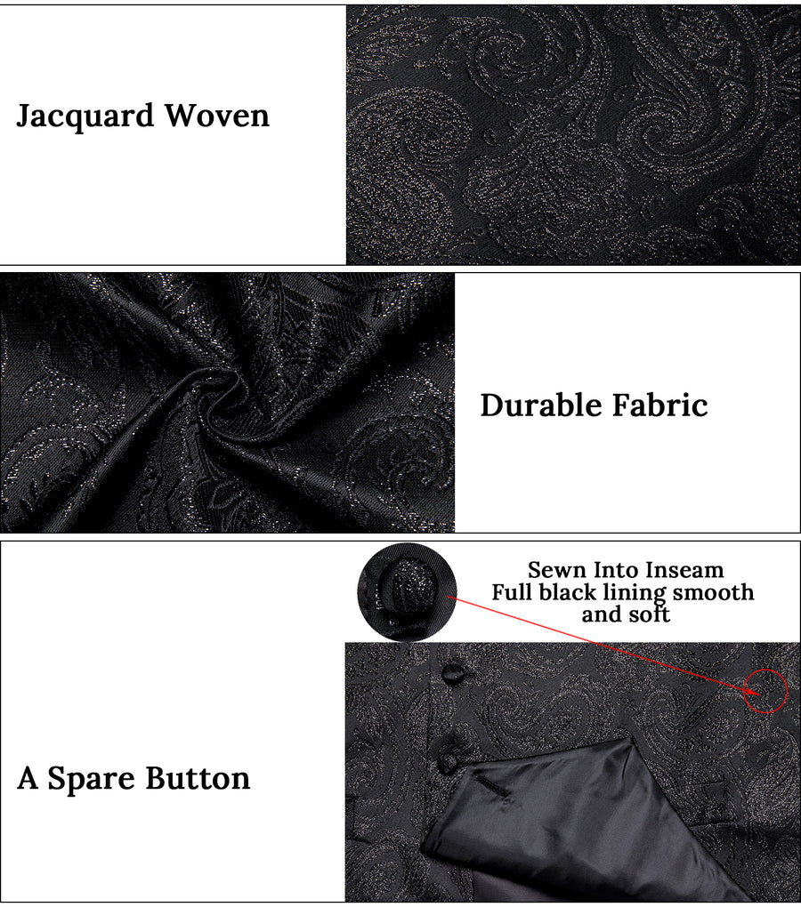 Classic Black Paisley Jacquard Silk Vest Set vest set    - Sophisticated Gentlemen