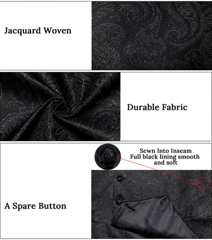 Classic Black Paisley Jacquard Silk Vest Set vest set    - Sophisticated Gentlemen