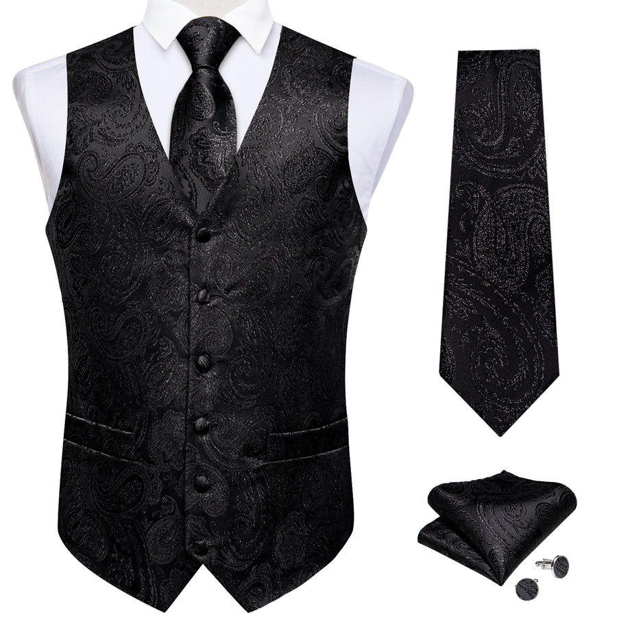 Classic Black Paisley Jacquard Silk Vest Set vest set    - Sophisticated Gentlemen
