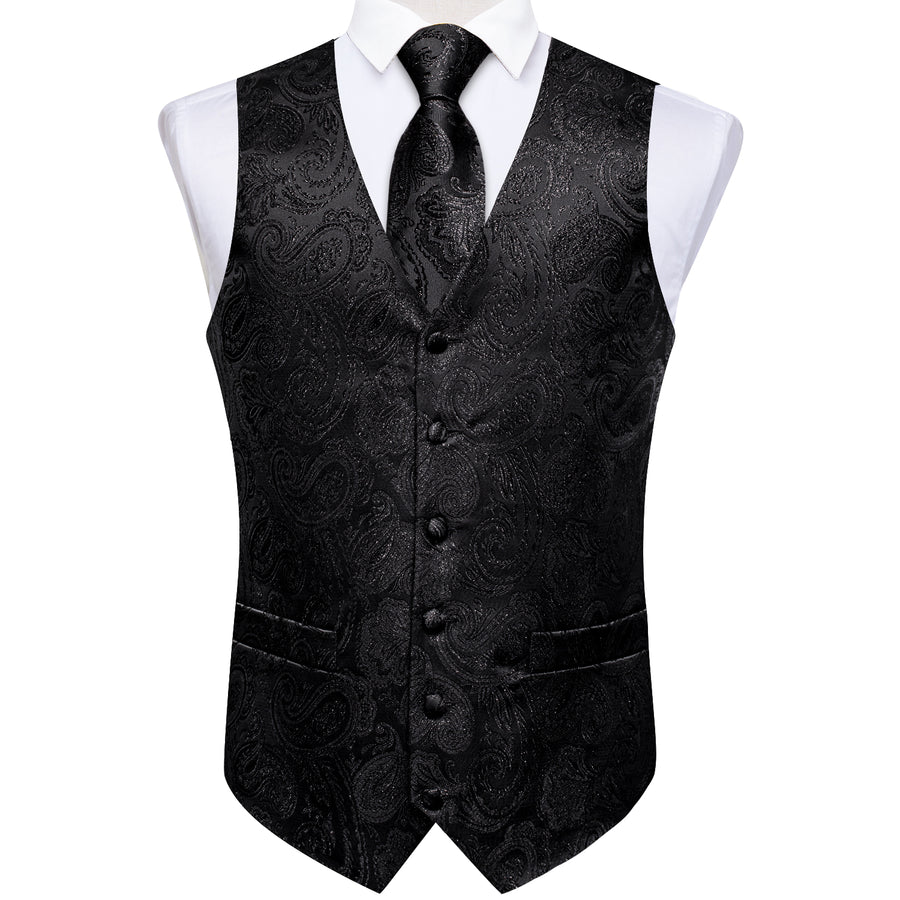 Classic Black Paisley Jacquard Silk Vest Set vest set    - Sophisticated Gentlemen