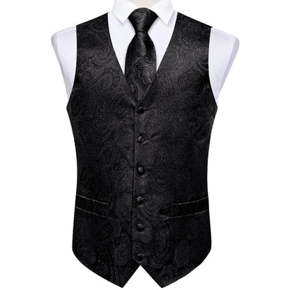 Classic Black Paisley Jacquard Silk Vest Set vest set    - Sophisticated Gentlemen