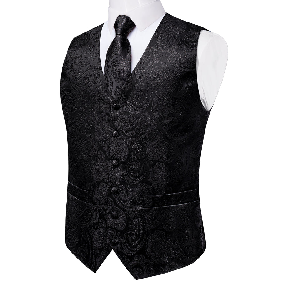 Classic Black Paisley Jacquard Silk Vest Set vest set    - Sophisticated Gentlemen