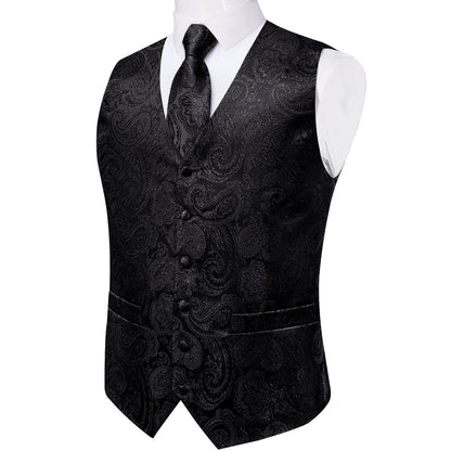 Classic Black Paisley Jacquard Silk Vest Set vest set    - Sophisticated Gentlemen