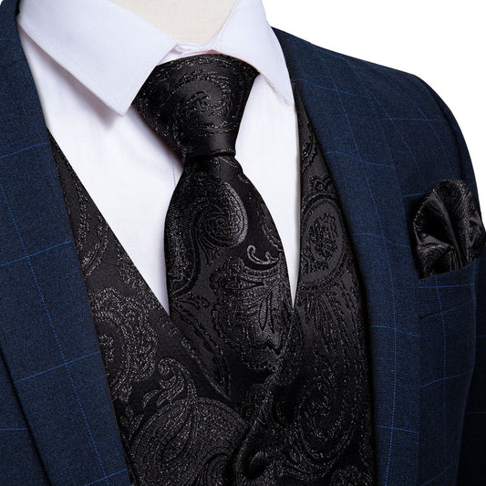 Classic Black Paisley Jacquard Silk Vest Set vest set S (Chest 40")   - Sophisticated Gentlemen