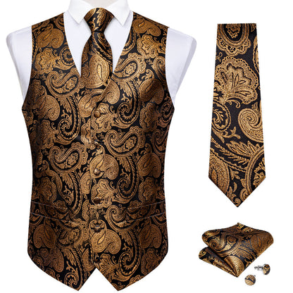 Black Golden Paisley Jacquard Silk Men's Vest Set vest set    - Sophisticated Gentlemen