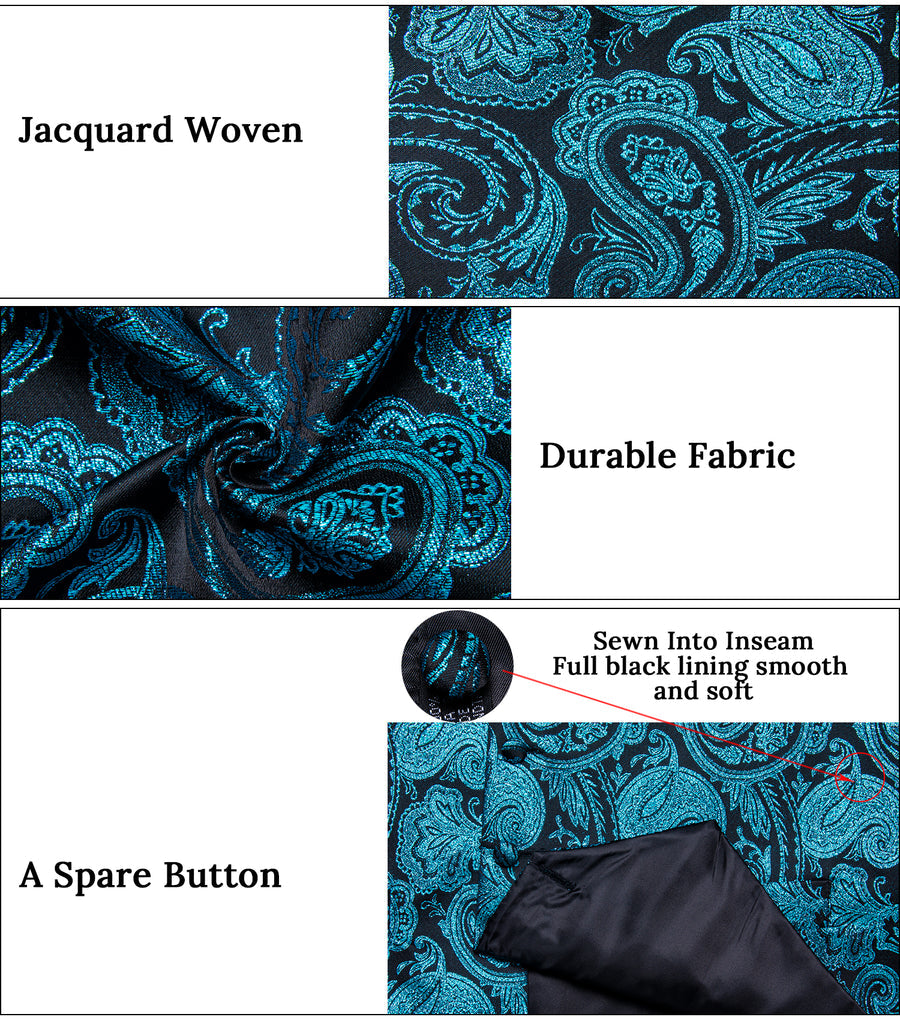 Black Lake Blue Paisley Jacquard Silk Vest Set vest set    - Sophisticated Gentlemen