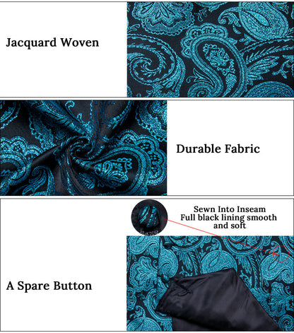 Black Lake Blue Paisley Jacquard Silk Vest Set vest set    - Sophisticated Gentlemen
