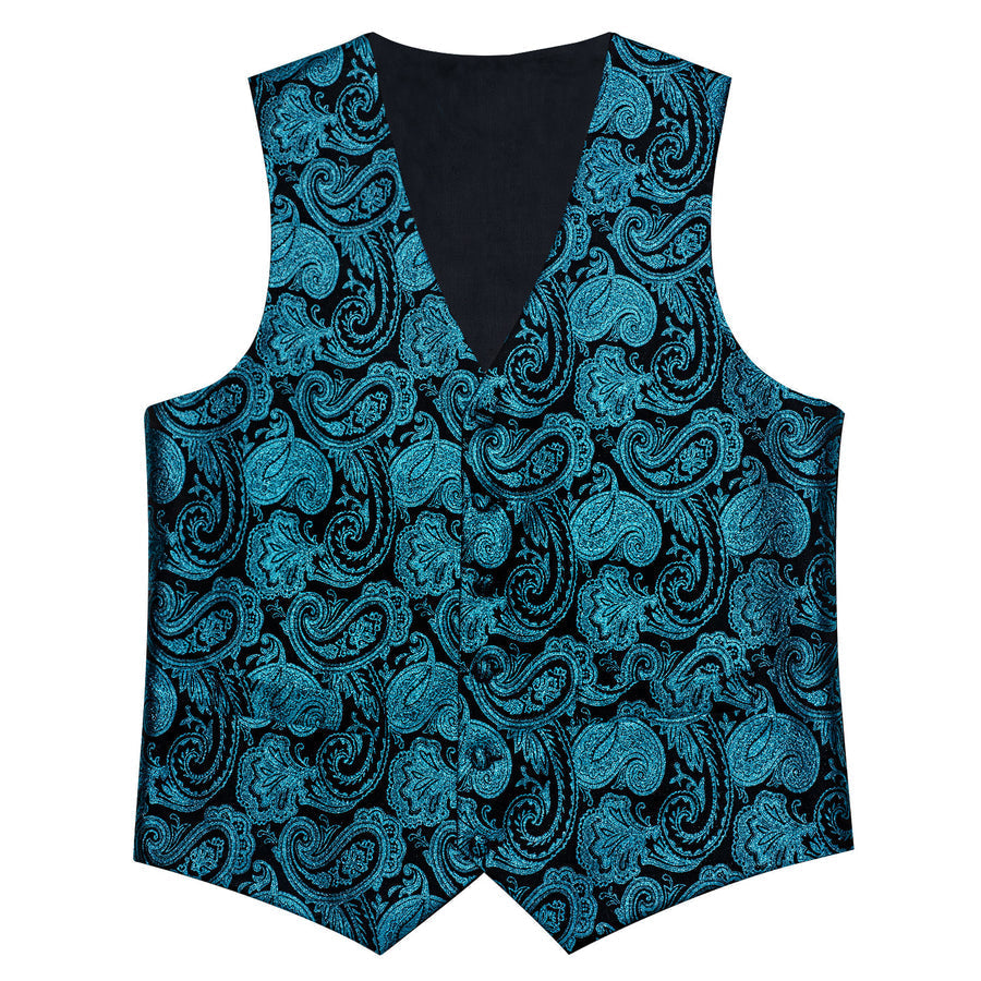 Black Lake Blue Paisley Jacquard Silk Vest Set vest set    - Sophisticated Gentlemen