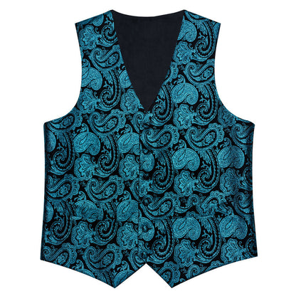 Black Lake Blue Paisley Jacquard Silk Vest Set vest set    - Sophisticated Gentlemen