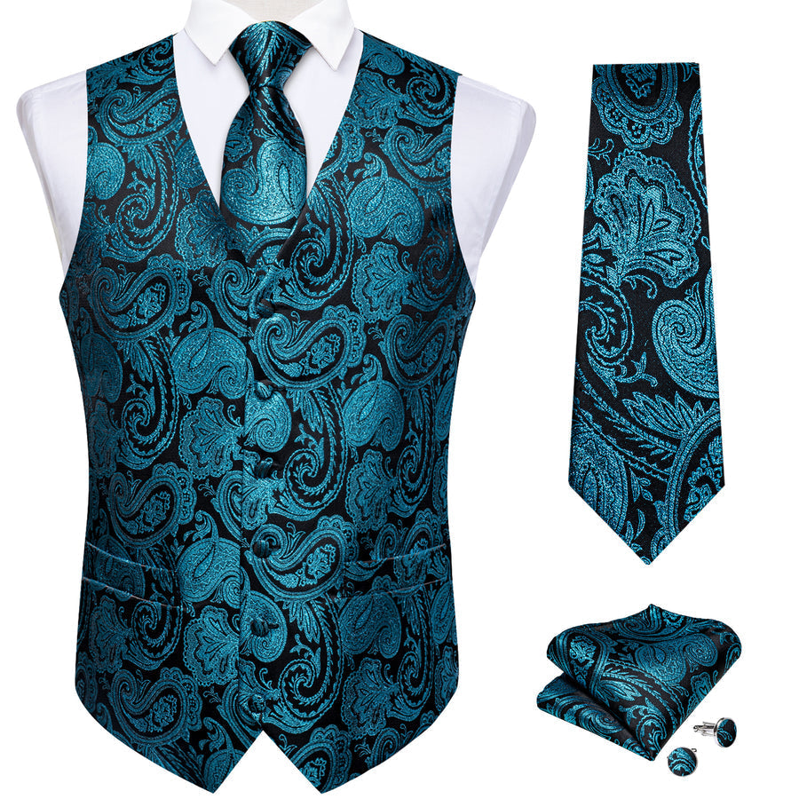Black Lake Blue Paisley Jacquard Silk Vest Set vest set    - Sophisticated Gentlemen