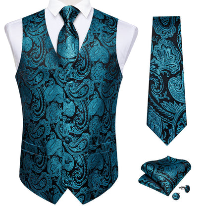 Black Lake Blue Paisley Jacquard Silk Vest Set vest set    - Sophisticated Gentlemen