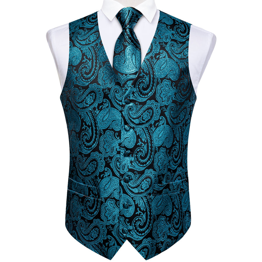 Black Lake Blue Paisley Jacquard Silk Vest Set vest set    - Sophisticated Gentlemen