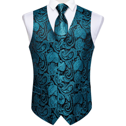 Black Lake Blue Paisley Jacquard Silk Vest Set vest set    - Sophisticated Gentlemen
