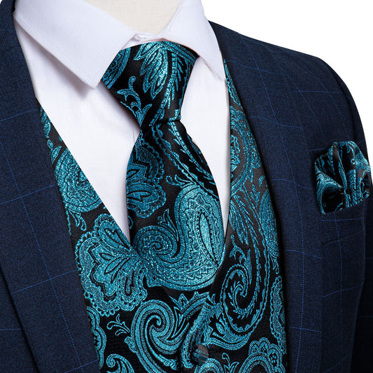 Black Lake Blue Paisley Jacquard Silk Vest Set vest set S (Chest 40")   - Sophisticated Gentlemen