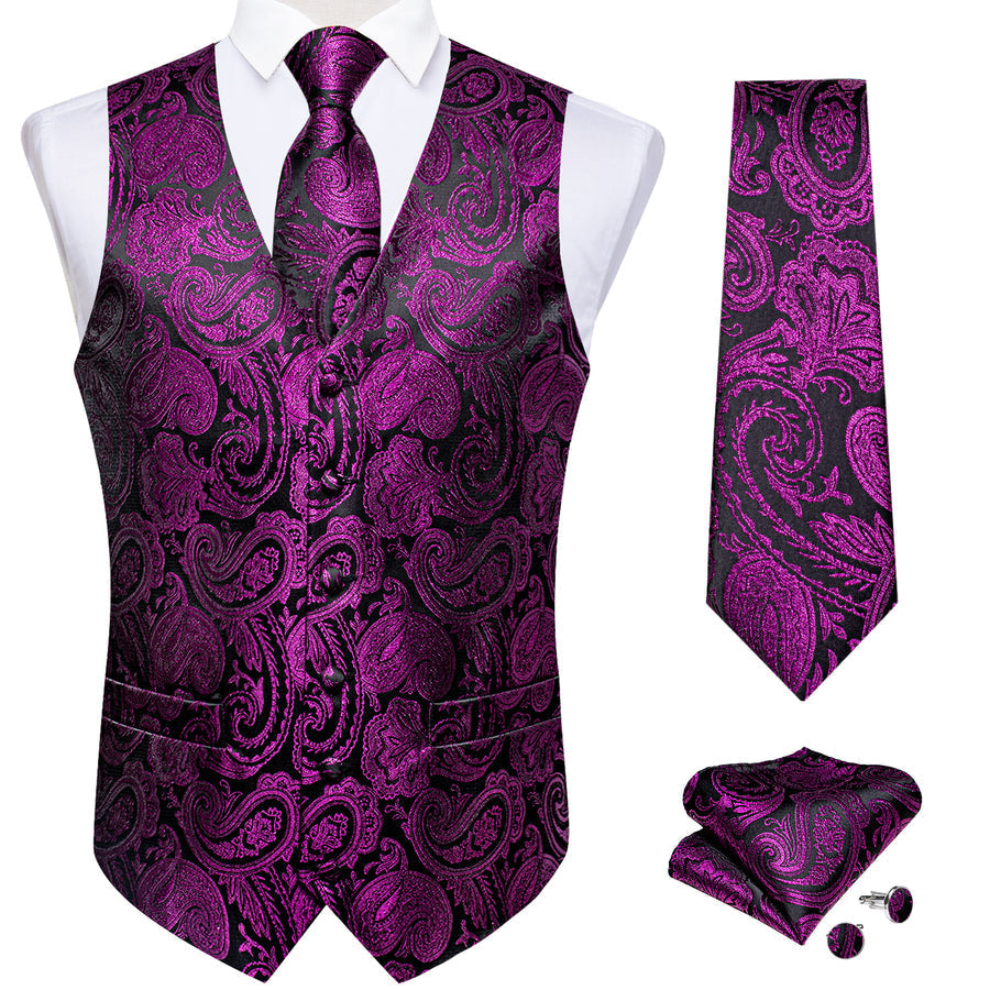 Black Purple Paisley Jacquard Silk Men's Vest Set vest set    - Sophisticated Gentlemen