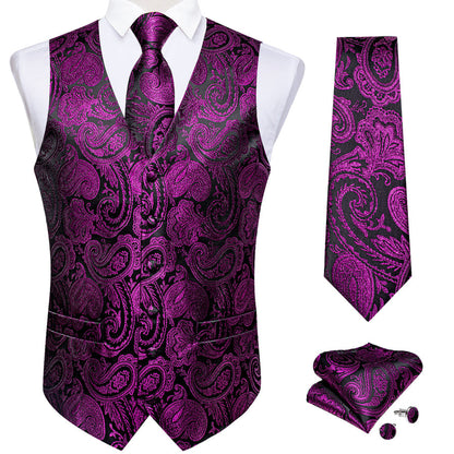 Black Purple Paisley Jacquard Silk Men's Vest Set vest set    - Sophisticated Gentlemen
