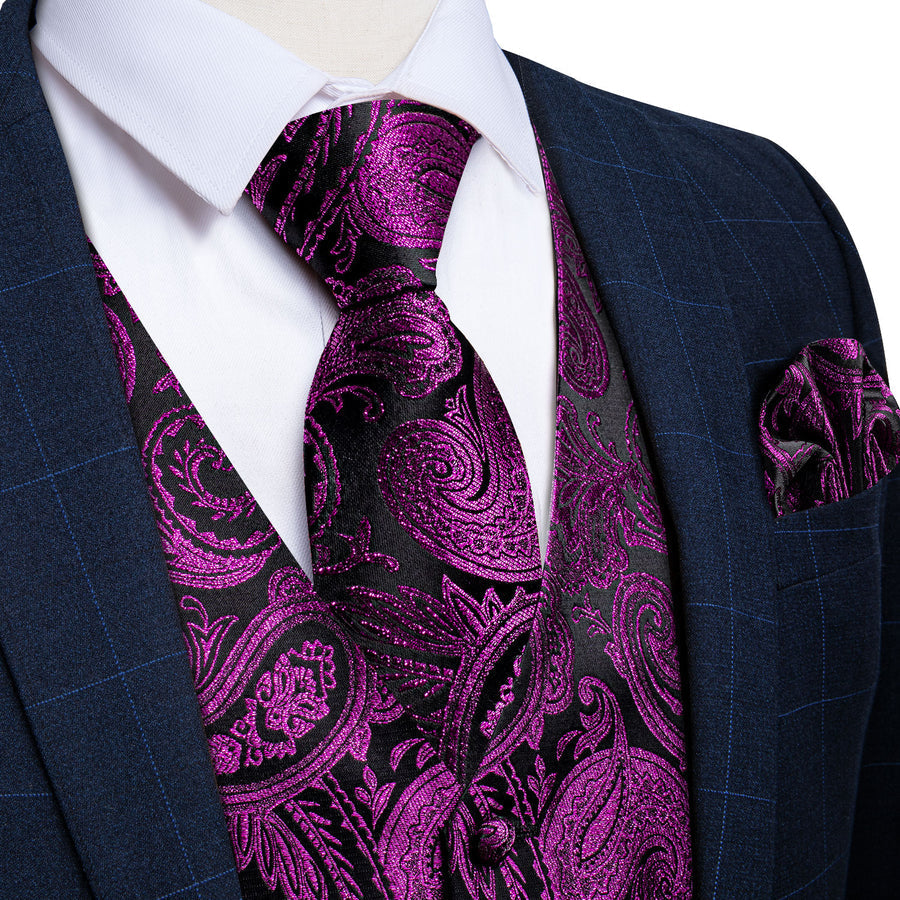 Black Purple Paisley Jacquard Silk Men's Vest Set vest set S (Chest 40")   - Sophisticated Gentlemen