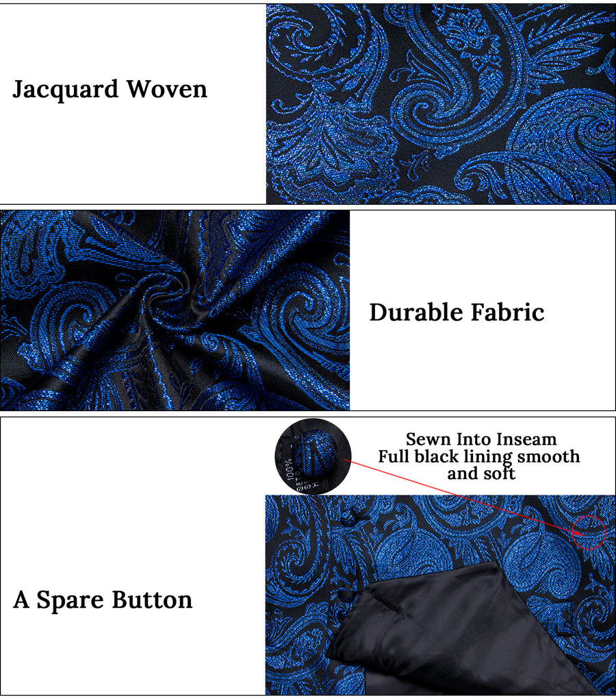 Black Blue Paisley Jacquard Silk Vest Set vest set    - Sophisticated Gentlemen