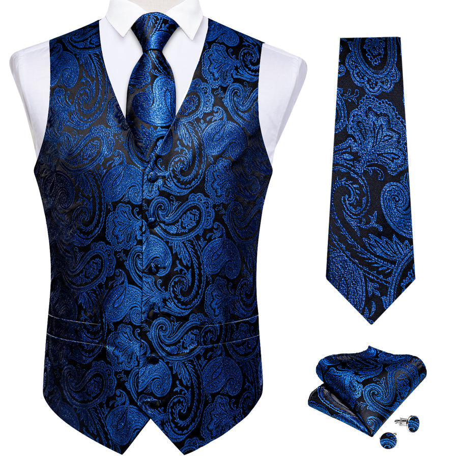 Black Blue Paisley Jacquard Silk Vest Set vest set    - Sophisticated Gentlemen