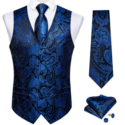Black Blue Paisley Jacquard Silk Vest Set vest set    - Sophisticated Gentlemen