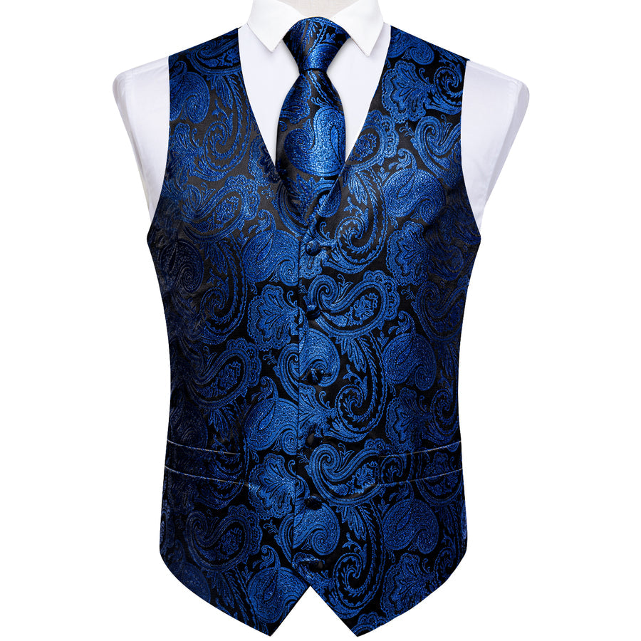 Black Blue Paisley Jacquard Silk Vest Set vest set    - Sophisticated Gentlemen