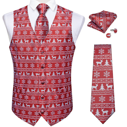 Christmas Red White Elk Novelty Jacquard Silk Vest Set vest set    - Sophisticated Gentlemen
