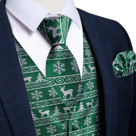 Christmas Green White Elk Novelty Jacquard Silk Vest Set vest set S (Chest 40")   - Sophisticated Gentlemen