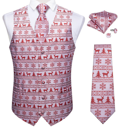 Christmas White Red Elk Novelty Jacquard Silk Men's Vest Set vest set    - Sophisticated Gentlemen