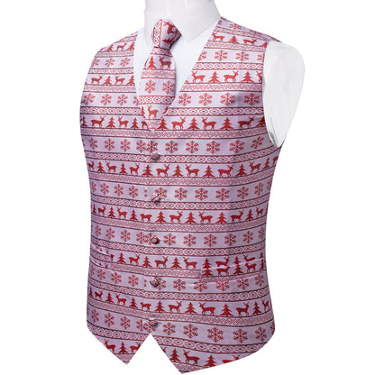 Christmas White Red Elk Novelty Jacquard Silk Men's Vest Set vest set    - Sophisticated Gentlemen