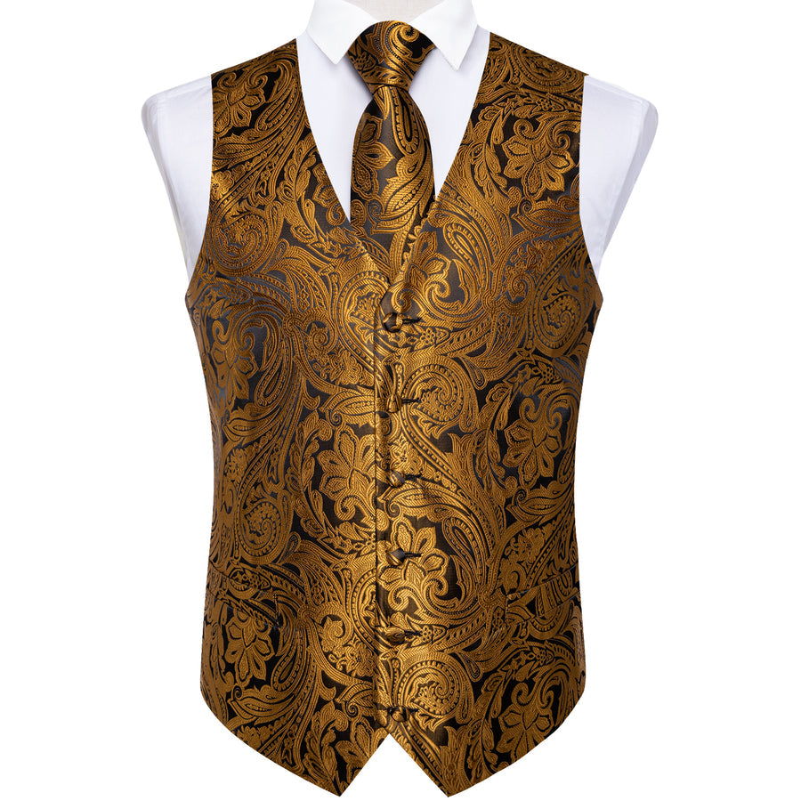 Golden Brown Paisley Silk Men's Vest Set vest set    - Sophisticated Gentlemen