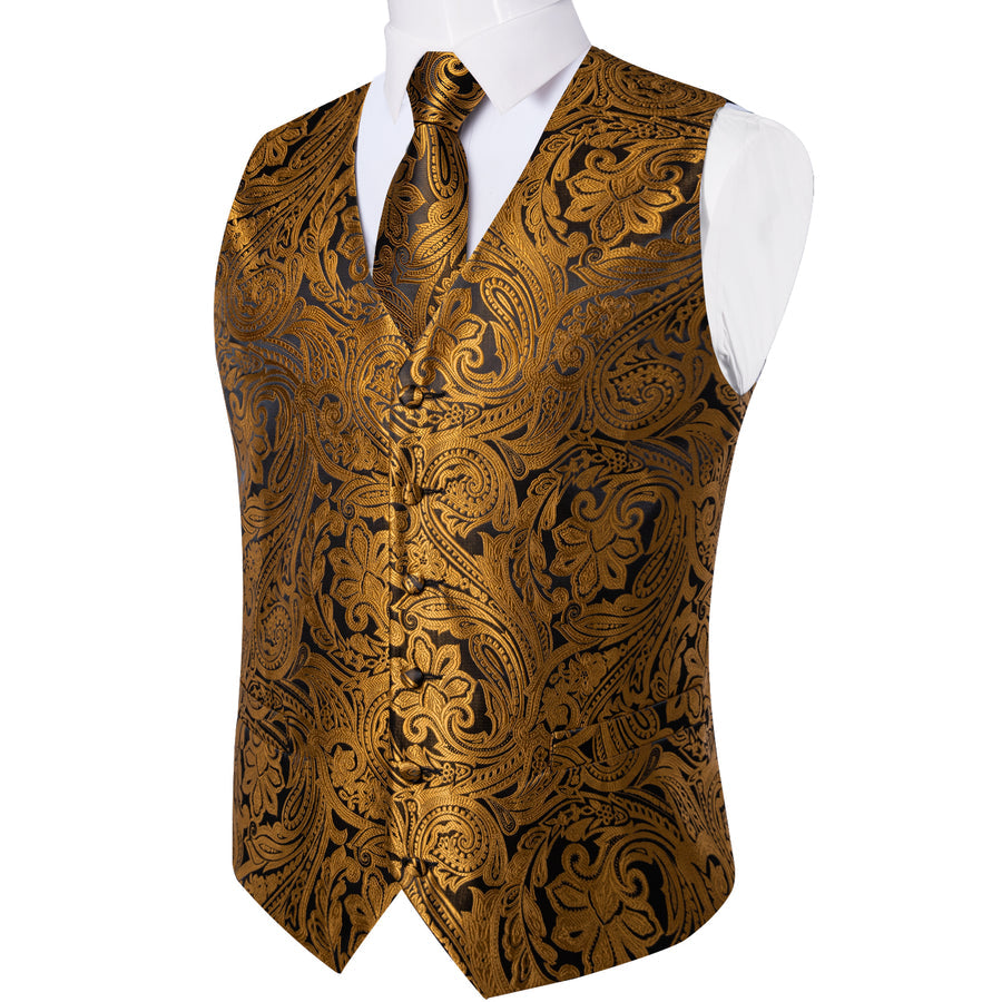Golden Brown Paisley Silk Men's Vest Set vest set    - Sophisticated Gentlemen