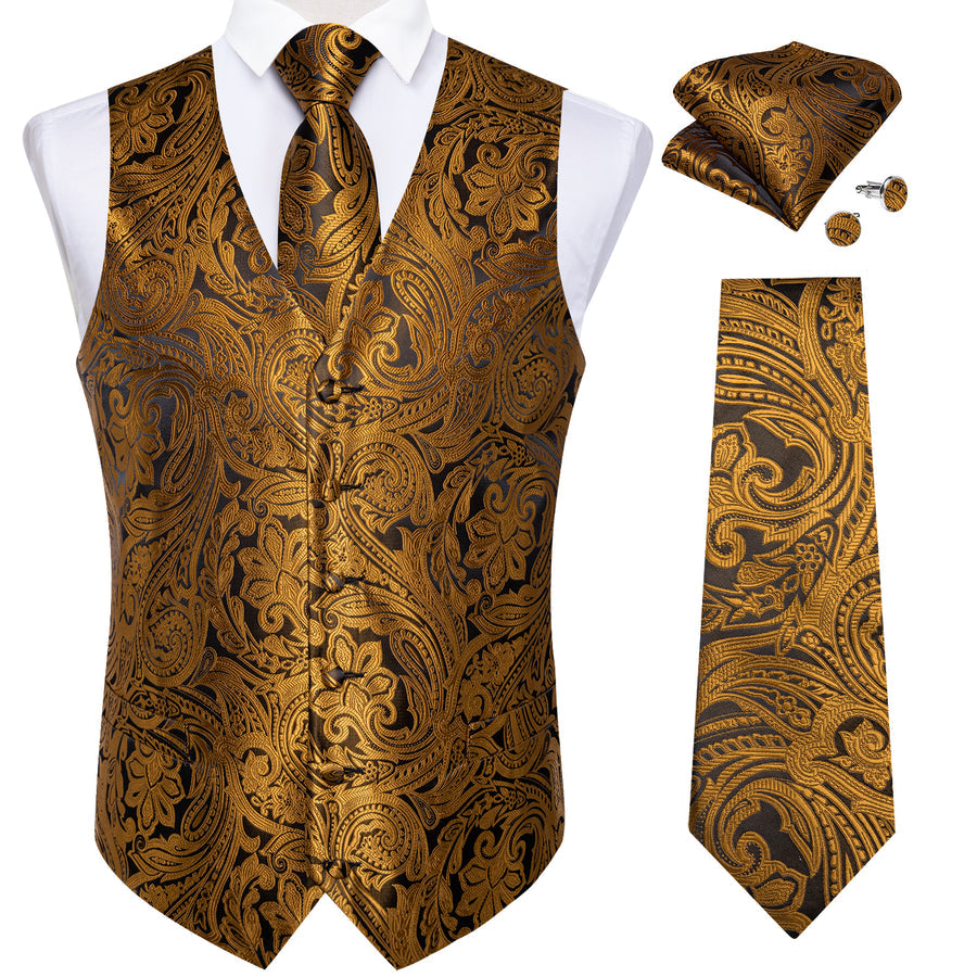 Golden Brown Paisley Silk Men's Vest Set vest set    - Sophisticated Gentlemen