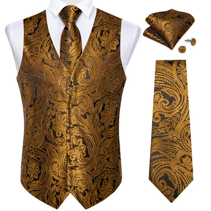 Golden Brown Paisley Silk Men's Vest Set vest set    - Sophisticated Gentlemen