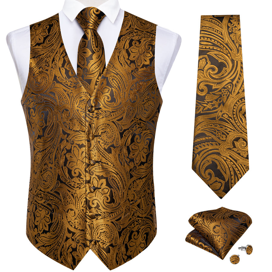 Golden Brown Paisley Silk Men's Vest Set vest set    - Sophisticated Gentlemen