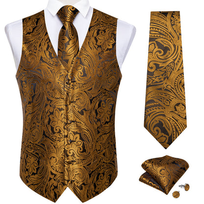 Golden Brown Paisley Silk Men's Vest Set vest set    - Sophisticated Gentlemen
