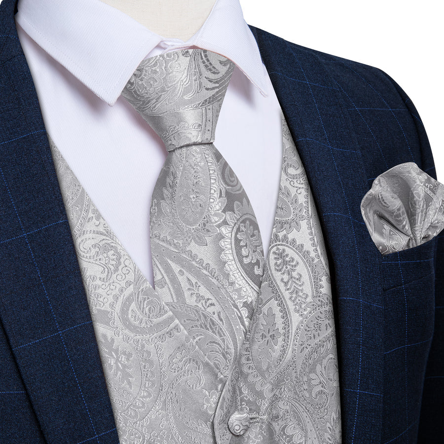 Grey Paisley Silk Vest Set vest set S (Chest 40")   - Sophisticated Gentlemen
