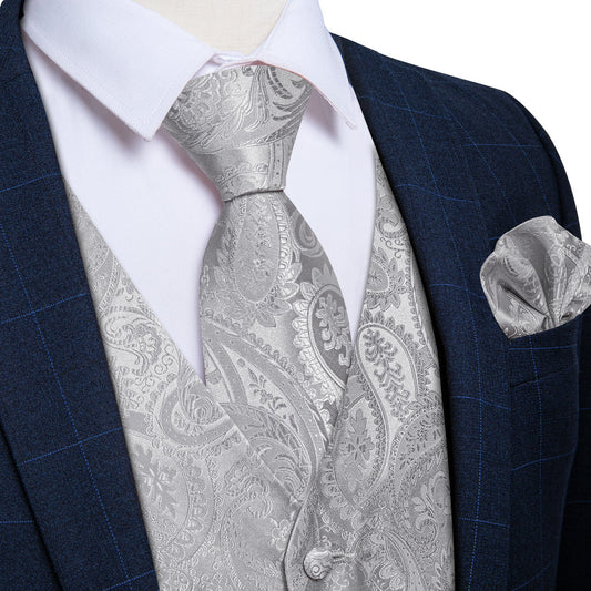 Grey Paisley Silk Vest Set vest set S (Chest 40")   - Sophisticated Gentlemen