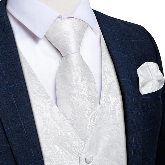 White Paisley Silk Vest Set vest set S (Chest 40")   - Sophisticated Gentlemen