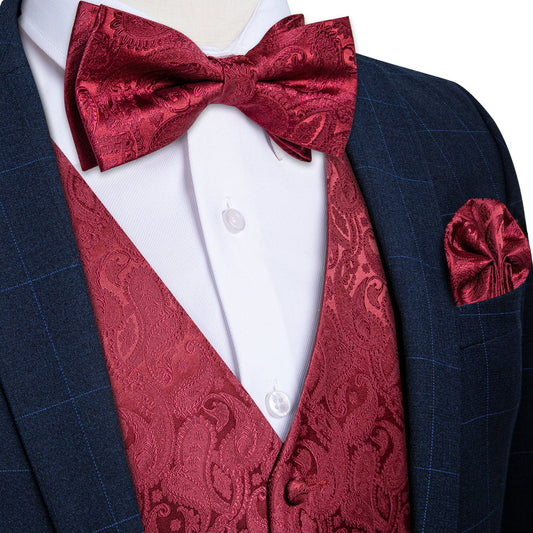 Dark Red Paisley Silk Vest Set vest set S (Chest 40")   - Sophisticated Gentlemen