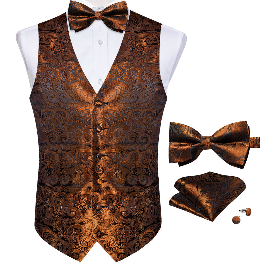 Brown Golden Paisley Jacquard Silk Vest Set vest set    - Sophisticated Gentlemen