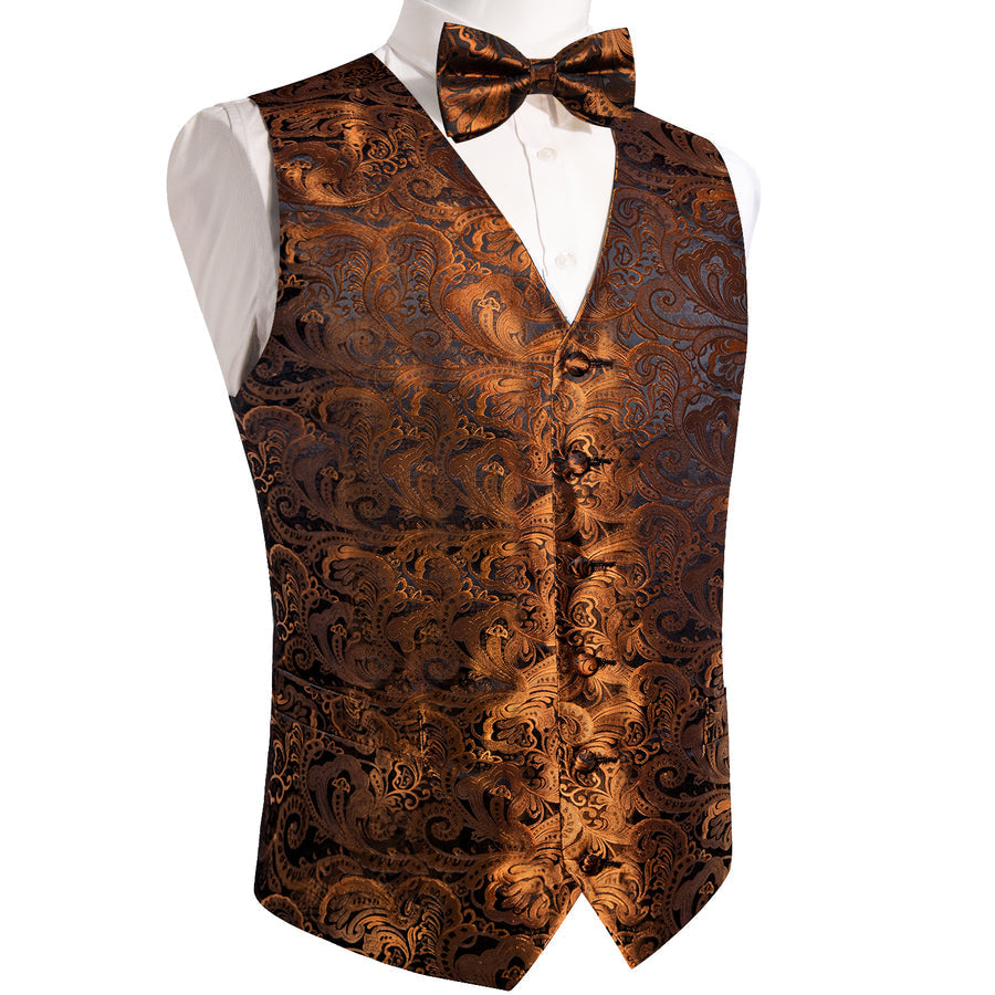 Brown Golden Paisley Jacquard Silk Vest Set vest set    - Sophisticated Gentlemen
