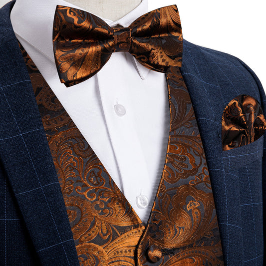 Brown Golden Paisley Jacquard Silk Vest Set vest set S (Chest 40")   - Sophisticated Gentlemen