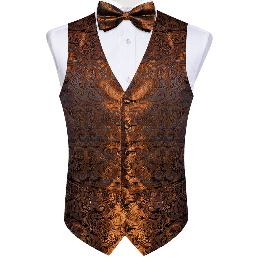 Brown Golden Paisley Jacquard Silk Vest Set vest set    - Sophisticated Gentlemen