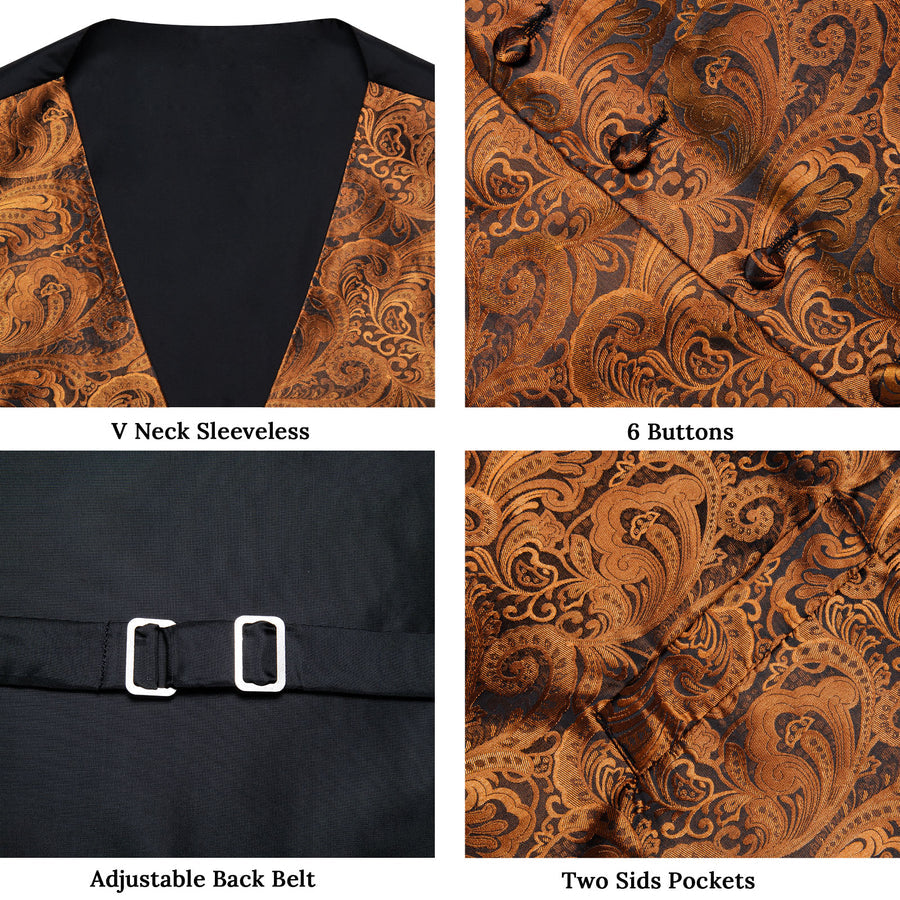 Brown Golden Paisley Jacquard Silk Vest Set vest set    - Sophisticated Gentlemen