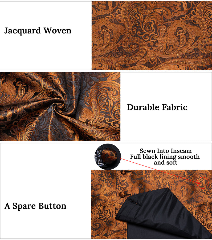 Brown Golden Paisley Jacquard Silk Vest Set vest set    - Sophisticated Gentlemen