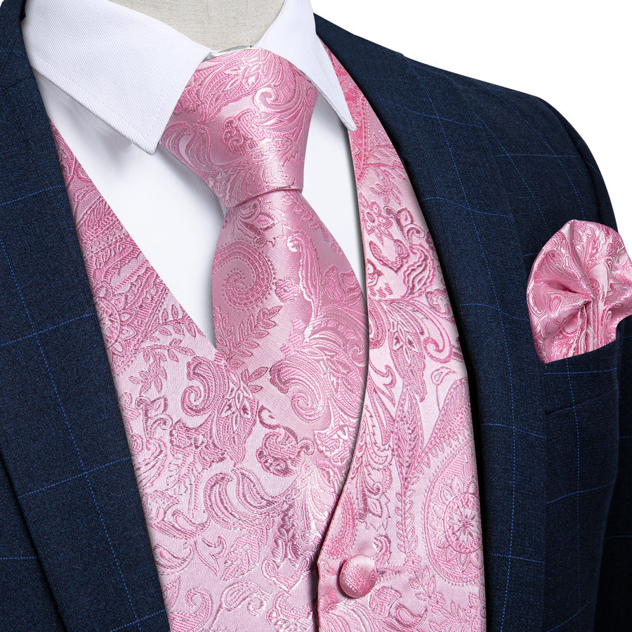 Light Pink Paisley Silk Vest Set vest set S (Chest 40")   - Sophisticated Gentlemen